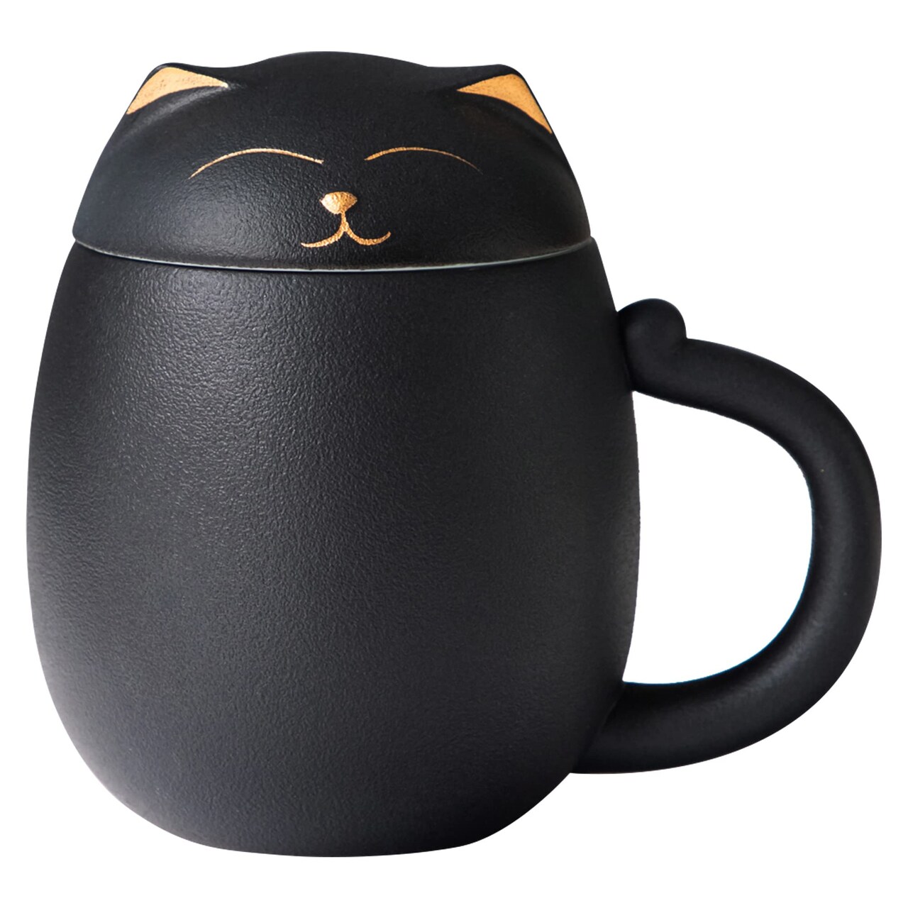 Black Cat Tea Cup with Infuser and Lid, Cute Tea Mug with Strainer for Steeping Loose Leaf, Ceramic Teacup Birthday Christmas Cat Lover Gifts for Women, Men, Mom, Sisters, besties. (Black)